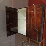 Natural Wood Veneer Tall Sideboard with Gold-Tone Stainless Steel Inlays, Glass Shelf and Geometric Open-Frame Base